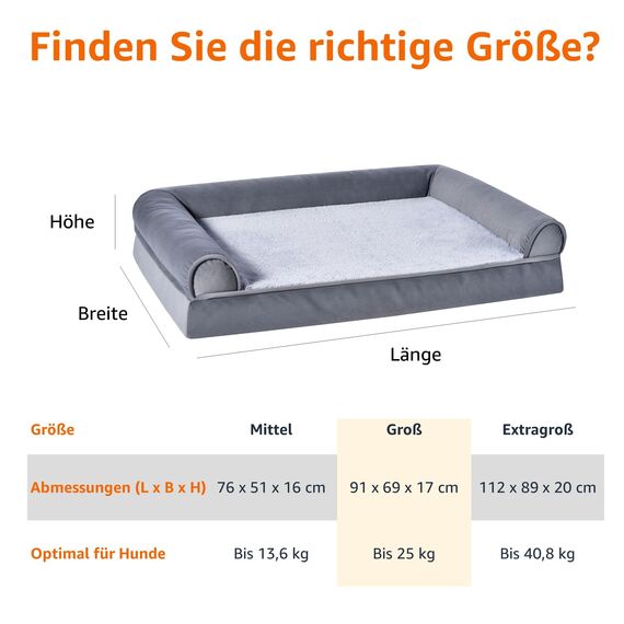 Amazon Basics Couchbett aus Schaumstoff für Hunde und Haustiere mit abnehmbarem Bezug, Grau, 91 x 69 x 17 cm (L x W x H)