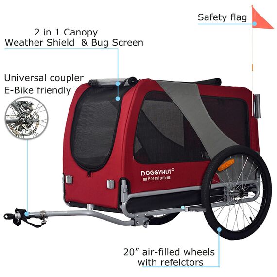 DOGGYHUT® Premium XL 2 in 1 Hundefahrradanhänger & Jogger 23-45 kg Fahrradanhänger für Hunde Hundeanhänger für Fahrrad 80106 (ROT)