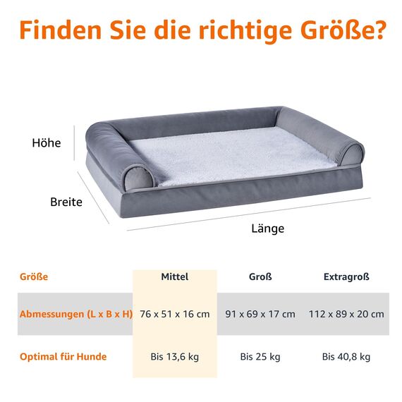 Amazon Basics Couchbett aus Schaumstoff für Hunde und Haustiere mit abnehmbarem Bezug, Grau, 76 x 51 x 16 cm (L x W x H)