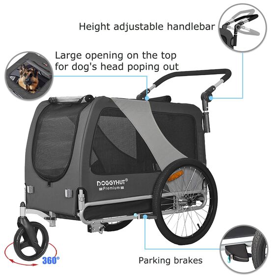 DOGGYHUT® Premium XL 2 in 1 Hundefahrradanhänger & Jogger 23-45 kg Fahrradanhänger für Hunde Hundeanhänger für Fahrrad 80106 (GRAU)