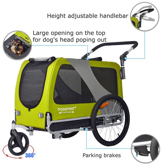 DOGGYHUT® Premium XL 2 in 1 Hundefahrradanhänger & Jogger 23-45 kg Fahrradanhänger für Hunde Hundeanhänger für Fahrrad Jogger 80106 (GRÜN Lemon)