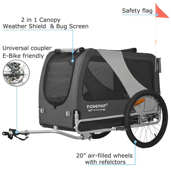 DOGGYHUT® Premium XL 2 in 1 Hundefahrradanhänger & Jogger 23-45 kg Fahrradanhänger für Hunde Hundeanhänger für Fahrrad 80106 (GRAU)