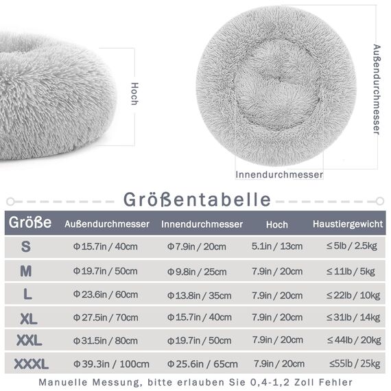 Nepfaivy Hundebett Katzenbett Flauschig Rund aus Plüsch - Donut Kuscheliges Hundekissen Hundekorb Waschbar S/M/L/XL/XXL/XXXL für Kleine, Mittelgroße & Große Hunde und Katzen (3XL-100cm, Hellgrau)