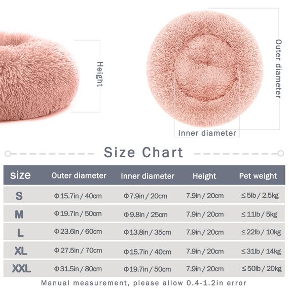 Hundebett Katzenbett Flauschig Rund aus Plüsch - Donut Kuscheliges Hundekissen Hundekorb Waschbar S/M/L/XL/XXL für Kleine, Mittelgroße und Große Hunde, Katzen und Andere Haustiere (XXL-80cm, Rosa)