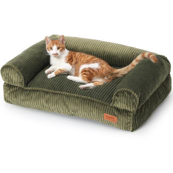 FUKUMARU Katzensofa Bett, Corduroy Gemütliches Katzenbett für drinnen mit abnehmbarem waschbarem Bezug, Stützendes Anti-Rutsch Hundebett Sofa für kleine Hunde, 72 x 52 x 22 cm, Mittel, Grün
