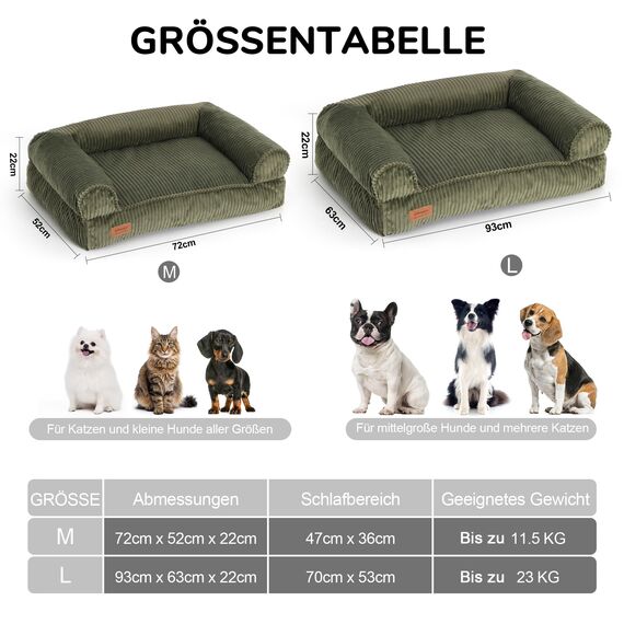 FUKUMARU Katzensofa Bett, Corduroy Gemütliches Katzenbett für drinnen mit abnehmbarem waschbarem Bezug, Stützendes Anti-Rutsch Hundebett Sofa für kleine Hunde, 72 x 52 x 22 cm, Mittel, Grün