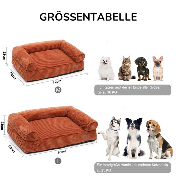 FUKUMARU Hundebett für große Hunde, Flauschiges & Hundesofa mit wasserabweisender TPU-Schicht, Cordstoff, Waschbar und rutschfest, Abnehmbarer Reißverschlussbezug, 93 x 63 x 22 cm, Orange