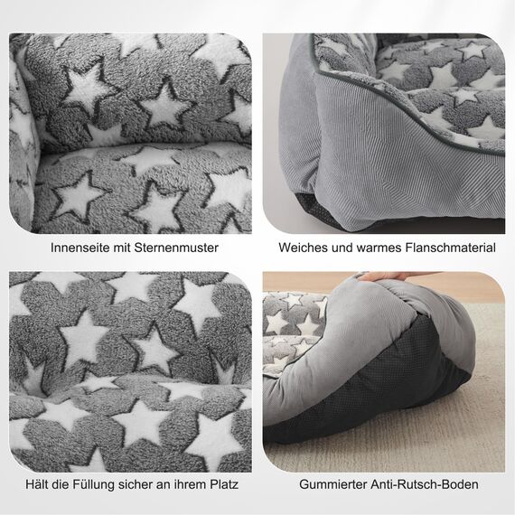FURTIME Hundebett Grosse Hunde, Hundekorb Waschbar Hundekörbchen rutschfeste Hundebetten, Flauschig Hundematratze mit Erhöhte Ränder Weiches, Hundesofa für Hunde Katze, Grau/Sterne, 89x63x23cm