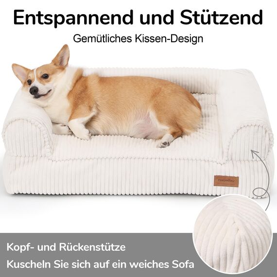 FUKUMARU Hundebett für große Hunde, Flauschiges & Katensofa mit wasserabweisender TPU-Schicht, Cordstoff, Waschbar und rutschfest, Abnehmbarer Reißverschlussbezug, 93 x 63 x 22 cm, Creme