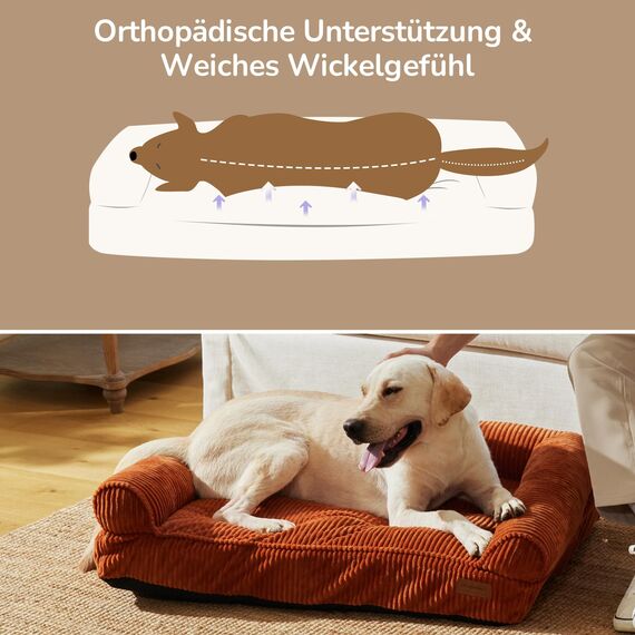 FUKUMARU Hundebett für große Hunde, Flauschiges & Hundesofa mit wasserabweisender TPU-Schicht, Cordstoff, Waschbar und rutschfest, Abnehmbarer Reißverschlussbezug, 93 x 63 x 22 cm, Orange