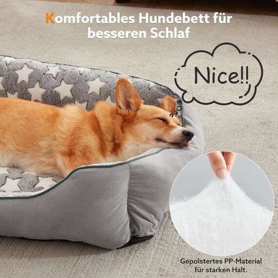 FURTIME Hundebett Mittelgroße Hunde, Hundekorb Waschbar Hundekörbchen rutschfeste, Hundebetten Flauschig Hundematratze mit Erhöhte Ränder Weiches, Hundesofa für Hunde Katze, Grau/Sterne, 76x61x23cm