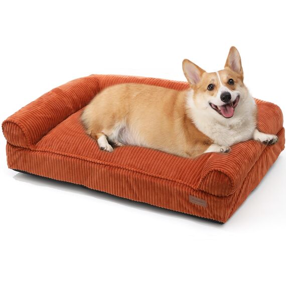 FUKUMARU Hundebett für große Hunde, Flauschiges & Hundesofa mit wasserabweisender TPU-Schicht, Cordstoff, Waschbar und rutschfest, Abnehmbarer Reißverschlussbezug, 93 x 63 x 22 cm, Orange