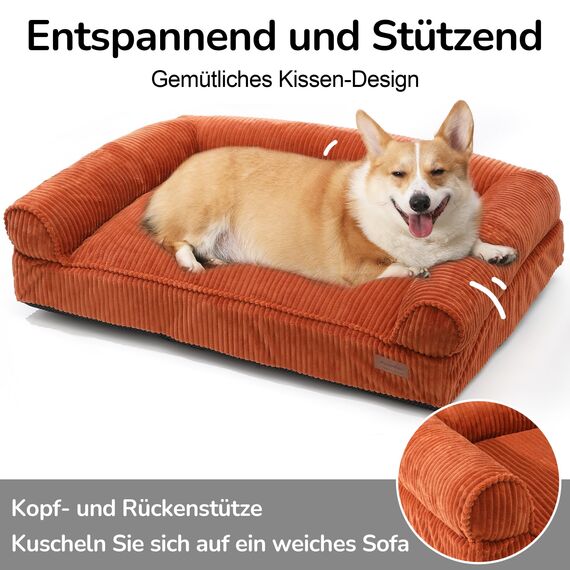 FUKUMARU Hundebett für große Hunde, Flauschiges & Hundesofa mit wasserabweisender TPU-Schicht, Cordstoff, Waschbar und rutschfest, Abnehmbarer Reißverschlussbezug, 93 x 63 x 22 cm, Orange