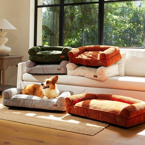 FUKUMARU Hundebett für große Hunde, Flauschiges & Hundesofa mit wasserabweisender TPU-Schicht, Cordstoff, Waschbar und rutschfest, Abnehmbarer Reißverschlussbezug, 93 x 63 x 22 cm, Orange