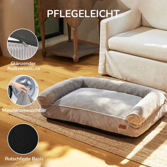 FUKUMARU Hundebett für große Hunde, Flauschiges & Hundesofa mit wasserabweisender TPU-Schicht, Cordstoff, Waschbar und rutschfest, Abnehmbarer Reißverschlussbezug, 93 x 63 x 22 cm, Grau