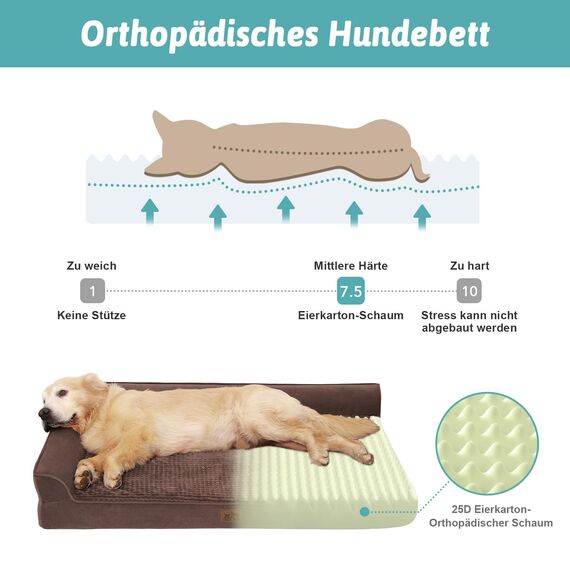COZY KISS Orthopädisches Hundebett, 19cm Dicke Hundesofa für Mittelgroße Hunde, Abnehmbar und Waschbar Hundecouch, rutschfeste Unterseite, Wasserdichtes Innenfutter, Braun,76x51x19cm