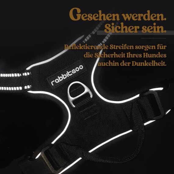 rabbitgoo Hundegeschirr Grosse Hunde, Anti Zug Geschirr mit Kontrolle, No Pull Verstellbar Hundegeschirr Mittelgroße Hunde, Atmungsaktiv Reflexstreifen Brustgeschirr Sichere Führung, Schwarz, L