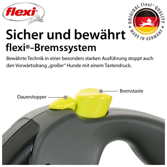 flexi® Giant L | 8m Gurt Roll-Leine für Hunde bis 50 kg | schwarz/neon-gelb | ausziehbare Hundeleine | Gewicht 629.8 gr | Maße 15.2 x 20.8 cm