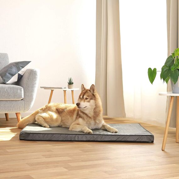 lionto Hundematte orthopädisch mit Memory-Schaumstoff, gelenkschonendes Hundekissen aus pflegeleichtem Lederimitat, 118x80 cm, Gesteppte Liegematte mit abnehmbaren Bezug und Anti-Rutsch-Belag, grau