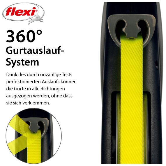 flexi® Giant S/M | 8m Gurt Roll-Leine für Hunde bis 25 kg | schwarz/neon-gelb | ausziehbare Hundeleine | Gewicht 438.4 gr | Maße 15.3 x 19.2 cm