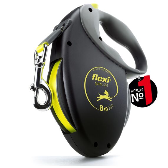 flexi® Giant S/M | 8m Gurt Roll-Leine für Hunde bis 25 kg | schwarz/neon-gelb | ausziehbare Hundeleine | Gewicht 438.4 gr | Maße 15.3 x 19.2 cm