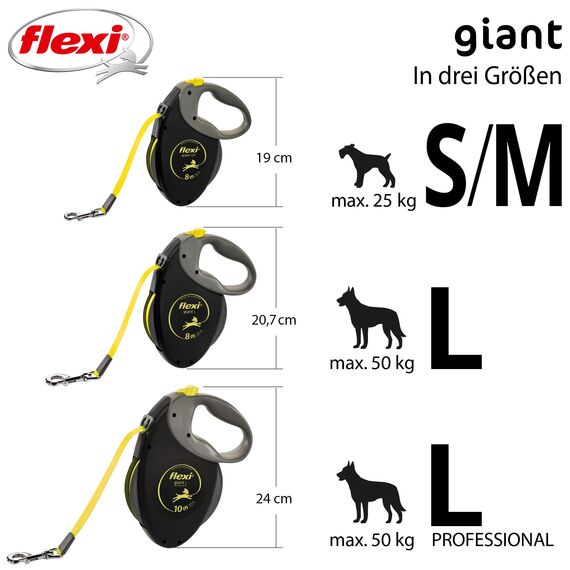 flexi® Giant S/M | 8m Gurt Roll-Leine für Hunde bis 25 kg | schwarz/neon-gelb | ausziehbare Hundeleine | Gewicht 438.4 gr | Maße 15.3 x 19.2 cm