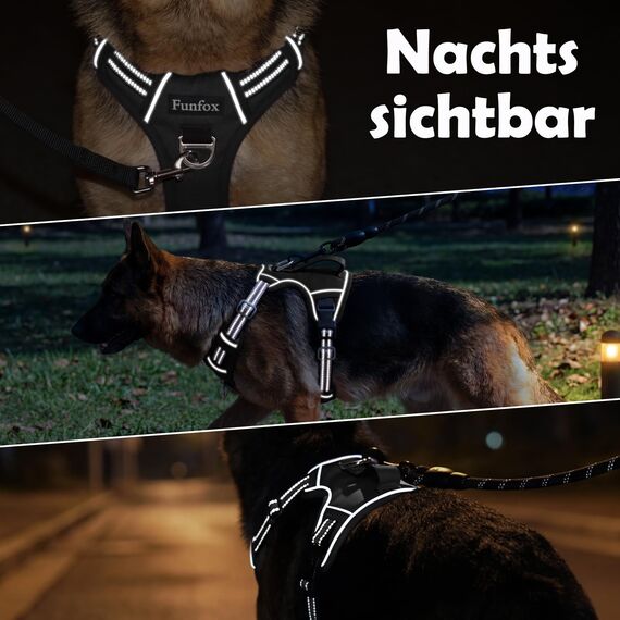 Funfox Hundegeschirr Mittelgroße Hunde, Anti Zug Brustgeschirr Verstellbares Geschirr Hund mit Griff Reflektorstreifen, No Pull Geschirr Hund für Kleine Mittlere Grosse Dog Harness Schwarz L