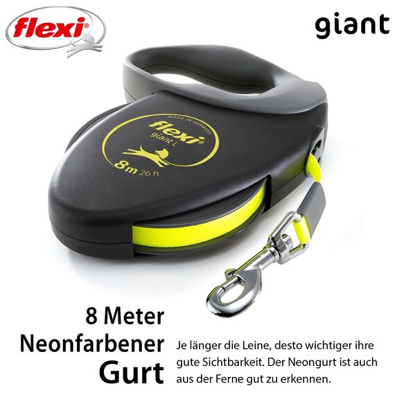 flexi® Giant L | 8m Gurt Roll-Leine für Hunde bis 50 kg | schwarz/neon-gelb | ausziehbare Hundeleine | Gewicht 629.8 gr | Maße 15.2 x 20.8 cm