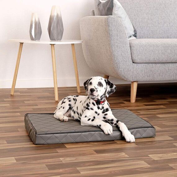 lionto Hundematte orthopädisch mit Memory-Schaumstoff, gelenkschonendes Hundekissen aus pflegeleichtem Lederimitat, 60x40 cm, Gesteppte Liegematte mit abnehmbaren Bezug und Anti-Rutsch-Belag, grau