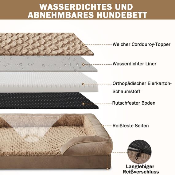JOEJOY XXL Orthopädisches Hundebett, XXL waschbares Katzenbett Hundekissen mit Wabenstruktur und abnehmbarem wasserdichte Fütterung Schaumstoff hundebett orthopädisch Braun