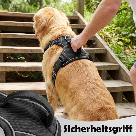 Funfox Hundegeschirr Mittelgroße Hunde, Anti Zug Brustgeschirr Verstellbares Geschirr Hund mit Griff Reflektorstreifen, No Pull Geschirr Hund für Kleine Mittlere Grosse Dog Harness Schwarz L