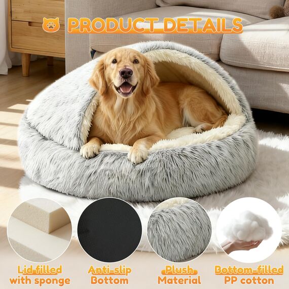 YAGE großes Hundebett 80 cm, Kapuze mit Stützen – Flauschiges, beruhigendes Haustierbett, geeignet für Haustiere unter 20 kg mit maschinenwaschbarem, luxuriösem, superweichem Haustierhöhlenbett