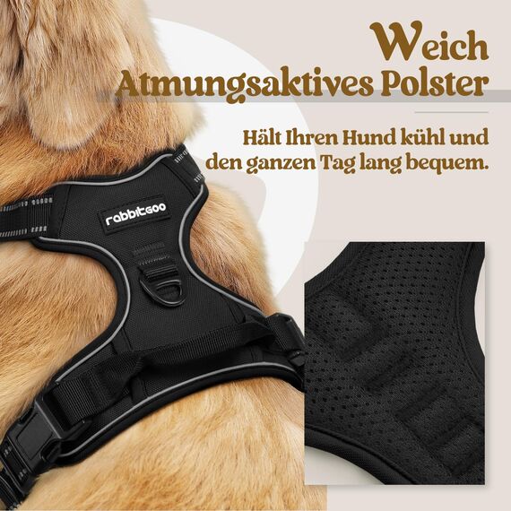 rabbitgoo Hundegeschirr Grosse Hunde, Anti Zug Geschirr mit Kontrolle, No Pull Verstellbar Hundegeschirr Mittelgroße Hunde, Atmungsaktiv Reflexstreifen Brustgeschirr Sichere Führung, Schwarz, L
