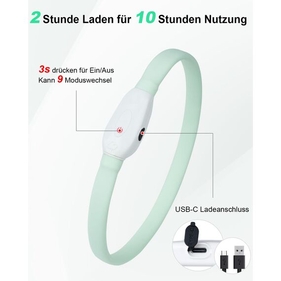 Joytale Leuchthalsband Hund, Hundehalsband Leuchtend Aufladbar, Längenverstellbar Led Hundehalsband mit 9 Leuchtmodi, Regendicht Hunde Leuchthalsband für Kleine Mittlere Große Hunde, 70 cm
