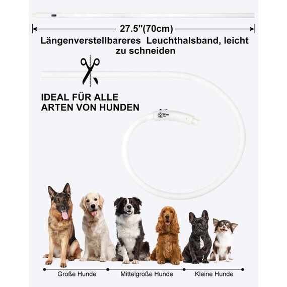 Joytale Leuchthalsband Hund USB Aufladbar Hundehalsband Leuchtend für Große Mittel Kleine Hunde und Welpe, Led Halsband mit 3 Modi für Sicherheit, Weiß