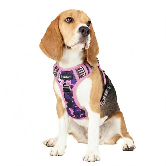 Funfox Hundegeschirr Mittelgroße Hunde [M] - Verstellbares Anti-Zug Brustgeschirr mit Griff & Reflektorstreifen, Atmungsaktives No Pull Hundegeschirr für Grosse/Kleine Hunde Outdoor Mosaik Rosa