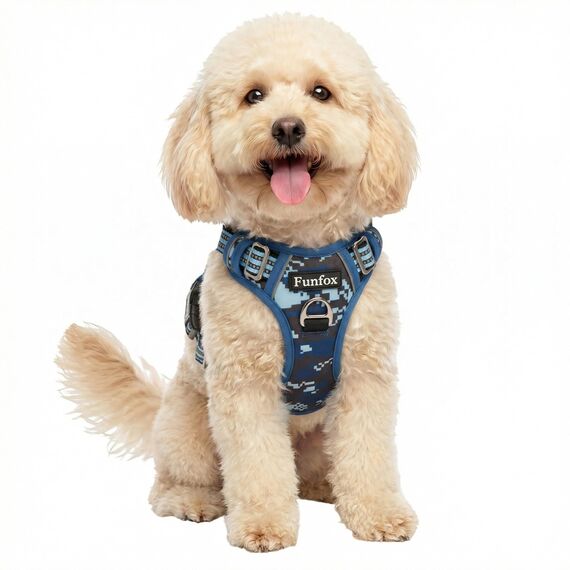 Funfox Hundegeschirr Kleine Hunde [S] - Anti Zug Welpengeschirr mit Griff & Ringreflektoren, Atmungsaktives Verstellbares No Pull Brustgeschirr für Kleine/Mittelgroße Hunde Outdoor Mosaik Blau