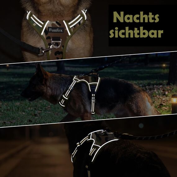 Funfox Hundegeschirr Kleine Hunde [M] - Anti Zug Welpengeschirr mit Griff & Ringreflektoren, Atmungsaktives Verstellbares No Pull Brustgeschirr für Kleine Mittelgroße Hunde Outdoor Kampfuniformgrün