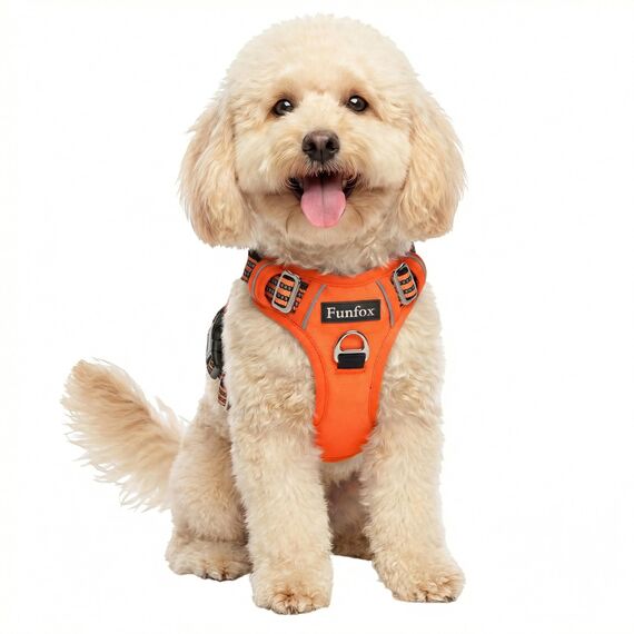 Funfox Hundegeschirr Kleine Hunde [S] - Anti Zug Welpengeschirr mit Griff & Ringreflektoren, Atmungsaktives Verstellbares No Pull Brustgeschirr für Kleine/Mittelgroße Hunde Outdoor Orange