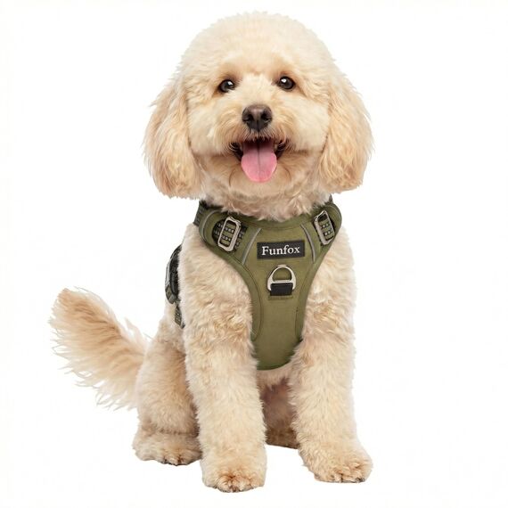 Funfox Hundegeschirr Kleine Hunde [S] - Anti Zug Welpengeschirr mit Griff & Ringreflektoren, Atmungsaktives Verstellbares No Pull Brustgeschirr für Kleine Mittelgroße Hunde Outdoor Militärgrün S