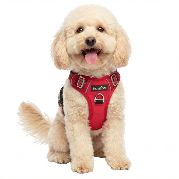 Funfox Hundegeschirr Kleine Hunde [S] - Anti Zug Welpengeschirr mit Griff & Ringreflektoren, Atmungsaktives Verstellbares No Pull Brustgeschirr für Kleine/Mittelgroße Hunde Outdoor Rot