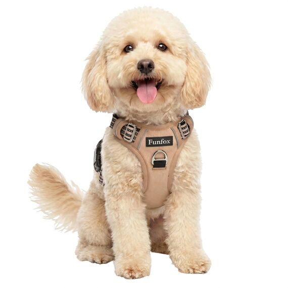 Funfox Hundegeschirr Kleine Hunde - Anti Zug Welpengeschirr mit Griff & Ringreflektoren, Atmungsaktives Verstellbares No Pull Brustgeschirr für Kleine Mittelgroße Hunde Outdoor Braun S