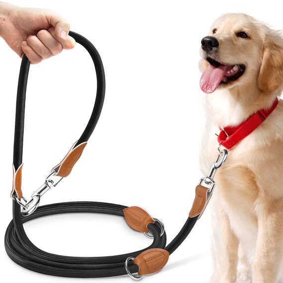 PETCOOZ Hundeleine 3M Verstellbare Schleppleine für Mittel- & Großhunde (20-60kg), Weicher Griff, 2 Karabiner & Sicherheitsringe, Vielseitige Doppelleine aus stabilem Nylon, Schwarz