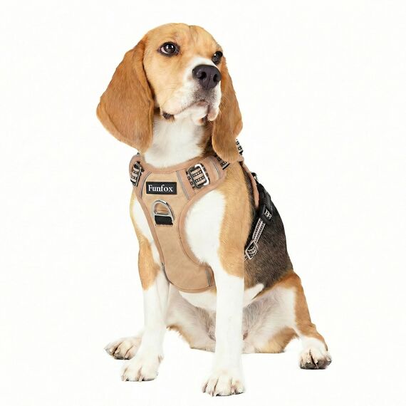 Funfox Hundegeschirr Mittelgroße Hunde [M] - Verstellbares Anti-Zug Brustgeschirr mit Griff & Reflektorstreifen, Atmungsaktives No Pull Hundegeschirr für Grosse/Kleine Hunde Outdoor Braun