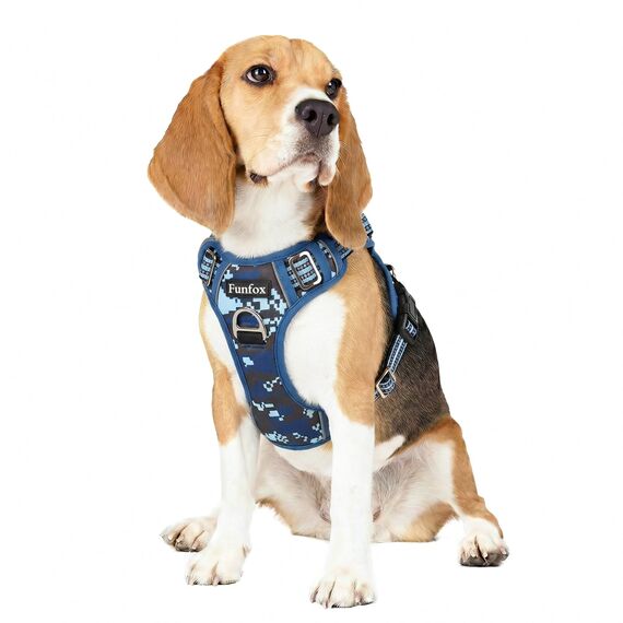 Funfox Hundegeschirr Mittelgroße Hunde [M] - Verstellbares Anti-Zug Brustgeschirr mit Griff & Reflektorstreifen, Atmungsaktives No Pull Hundegeschirr für Grosse/Kleine Hunde Outdoor Mosaik Blau