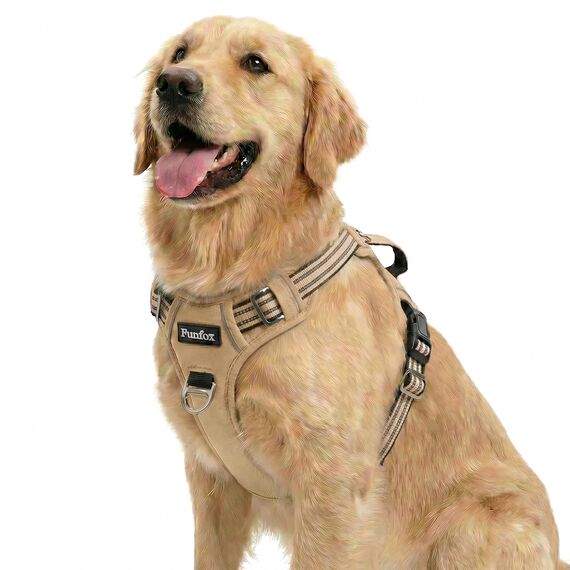 Funfox Hundegeschirr Mittelgroße Hunde [L] - Verstellbares Anti-Zug Brustgeschirr mit Griff & Reflektorstreifen, Atmungsaktives No Pull Hundegeschirr für Grosse/Kleine Hunde Outdoor Braun