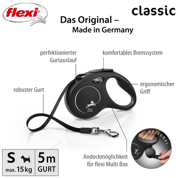 flexi® Classic S | 5m Gurt Roll-Leine für kleine Hunde bis 15 kg | Schwarz | ausziehbare Hundeleine | Gewicht 200.1 gr | Maße 10 x 16.5 cm