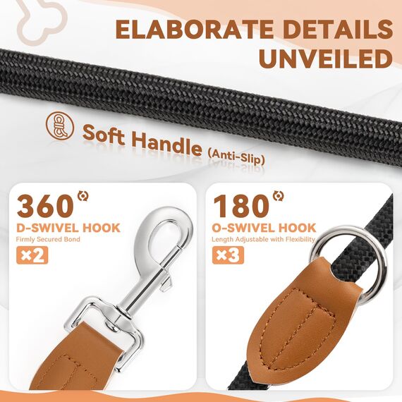 PETCOOZ Hundeleine 3M Verstellbare Schleppleine für Mittel- & Großhunde (20-60kg), Weicher Griff, 2 Karabiner & Sicherheitsringe, Vielseitige Doppelleine aus stabilem Nylon, Schwarz