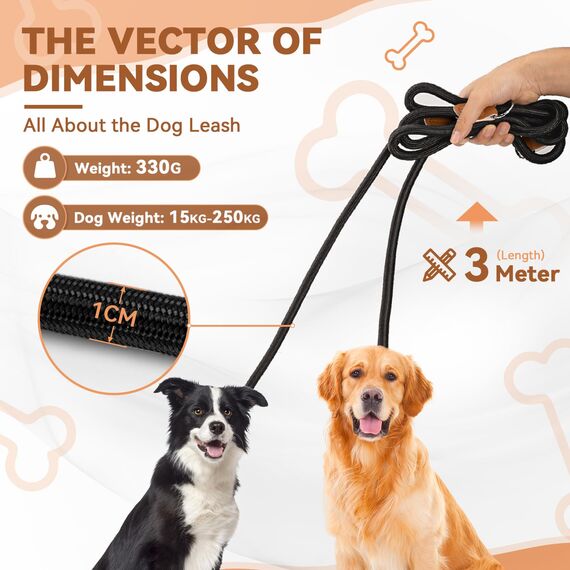 PETCOOZ Hundeleine 3M Verstellbare Schleppleine für Mittel- & Großhunde (20-60kg), Weicher Griff, 2 Karabiner & Sicherheitsringe, Vielseitige Doppelleine aus stabilem Nylon, Schwarz