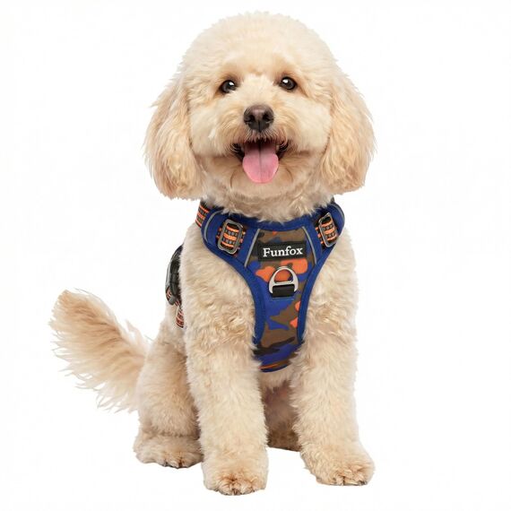 Funfox Hundegeschirr Kleine Hunde [S] - Anti Zug Welpengeschirr mit Griff & Ringreflektoren, Atmungsaktives Verstellbares No Pull Brustgeschirr für Kleine/Mittelgroße Hunde Outdoor Tarnorange